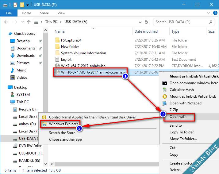 Mount file ISO bộ cài Win vào ổ cảo